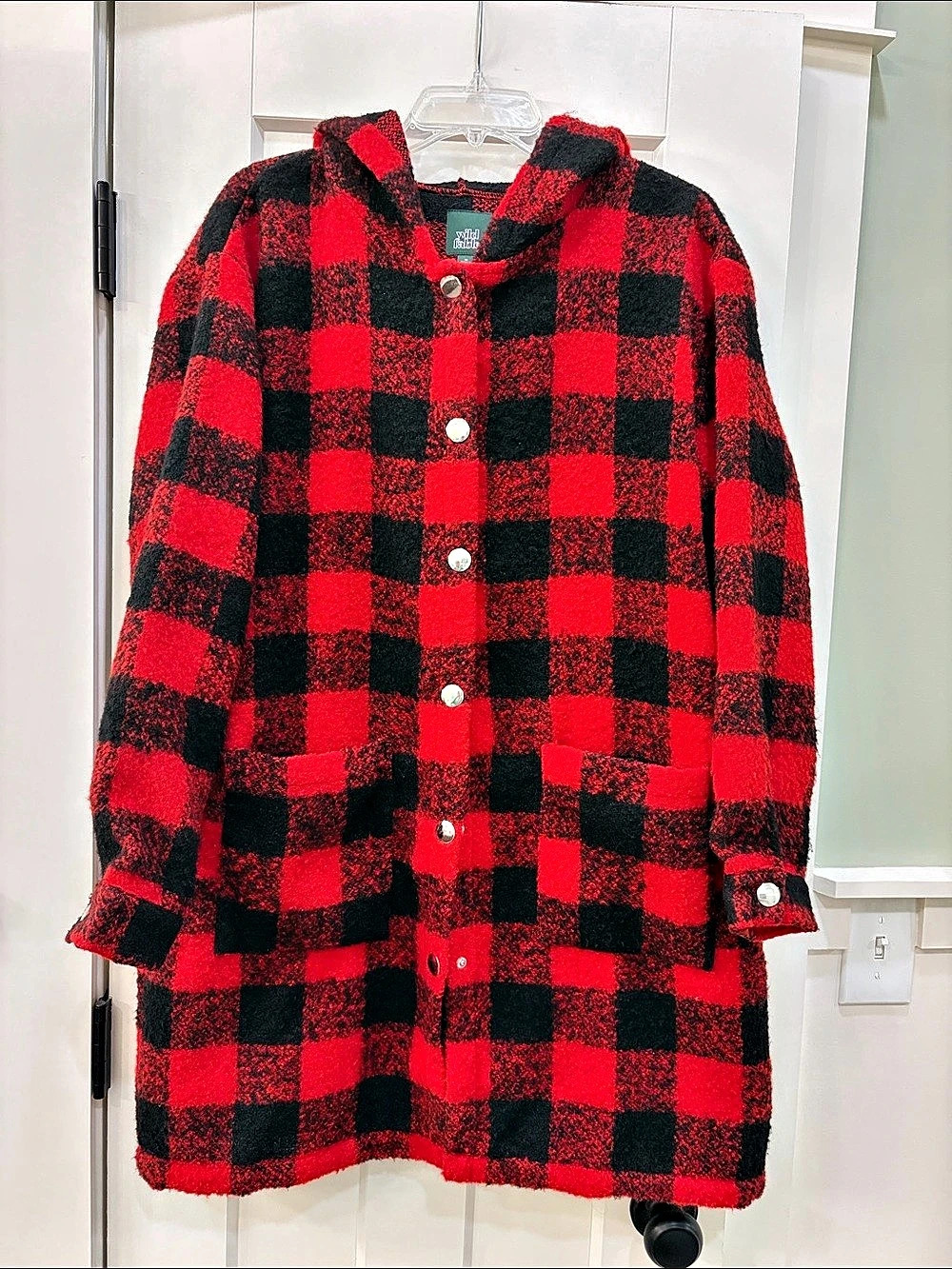Wild Fable Red & Black Buffalo Check Hooded Shacket Size Medium
